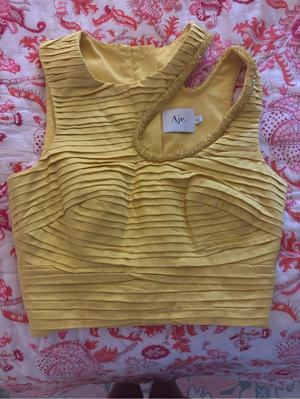 Aje Yellow Pleated Cropped Tank with Beaded Neckline